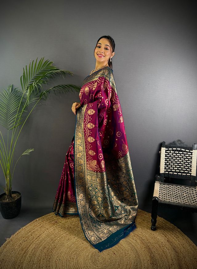 Elora Wine Soft Silk Butti Zari Weaving Contrast Weaving Border Banarasi Saree | Grocsy