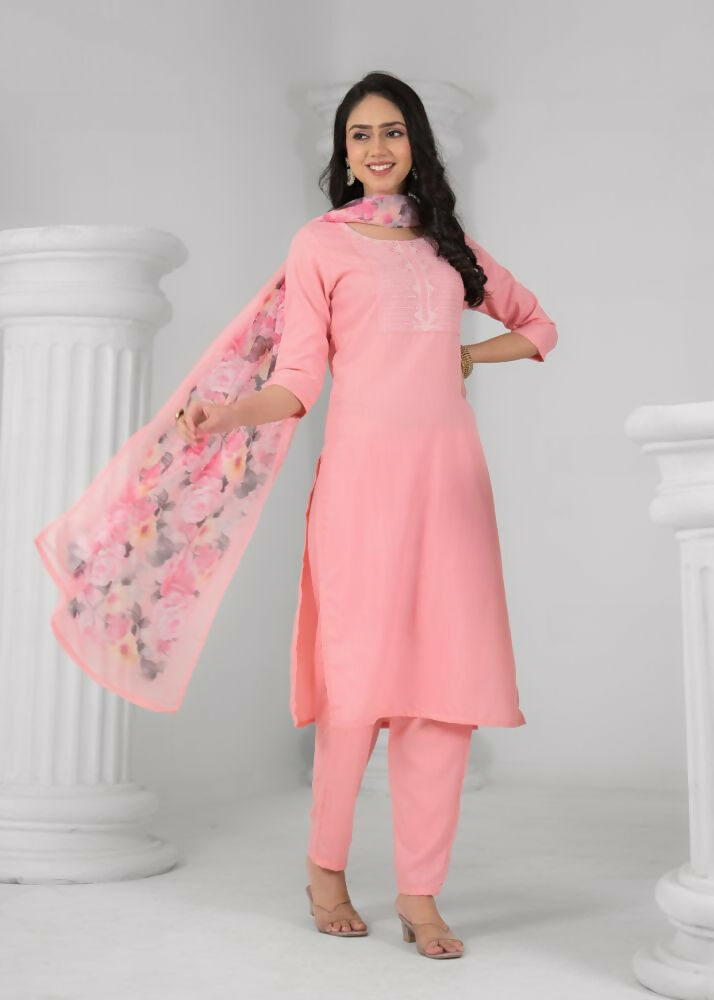 Ethnic Festive Wear Reyon Baby Pink Stitched Suit With Dupatta - Tanisha | Grocsy
