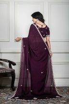 Morchari Wine Chiffon Hand Embroidery Saree And Stitched Blouse | Grocsy