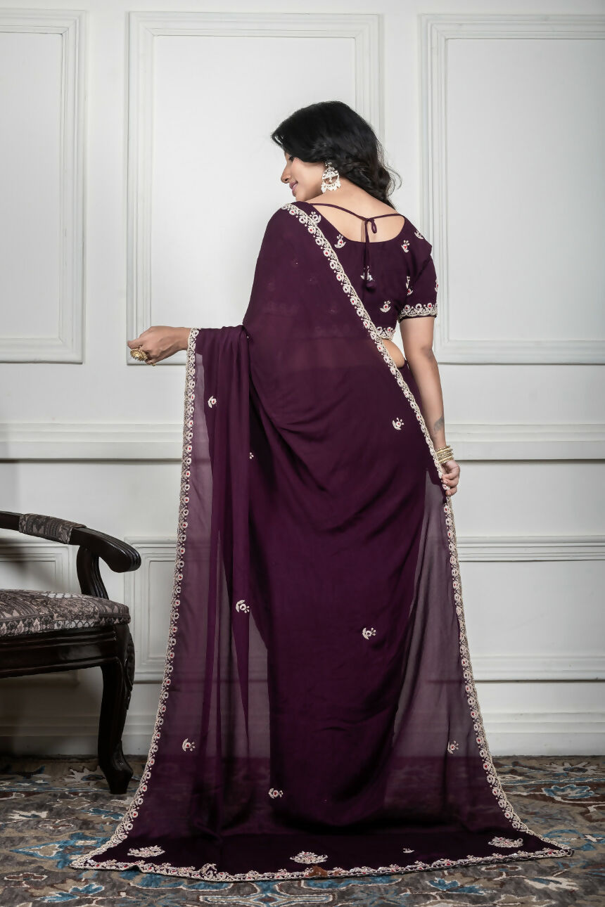 Morchari Wine Chiffon Hand Embroidery Saree And Stitched Blouse | Grocsy
