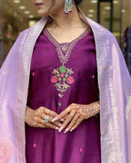 The52 Women's Beautiful Chanderi Fabric Embroidery Work Flared Kurta Pant and Dupatta Set | Grocsy