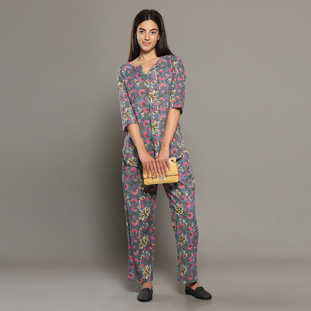 Breathables Women Cotton Printed Loungewear Kurta And Pants Co-Ord Set Grey I Night Wear | Floral Print | Grocsy