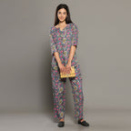 Breathables Women Cotton Printed Loungewear Kurta And Pants Co-Ord Set Grey I Night Wear | Floral Print | Grocsy