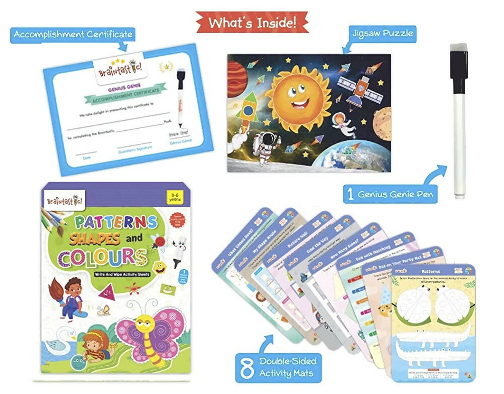 Braintastic Educational Game/Toys: Shapes, Pattern & Colors Reusable Activity Sheet for Kids (3-6 Years) with Free Puzzle | Grocsy