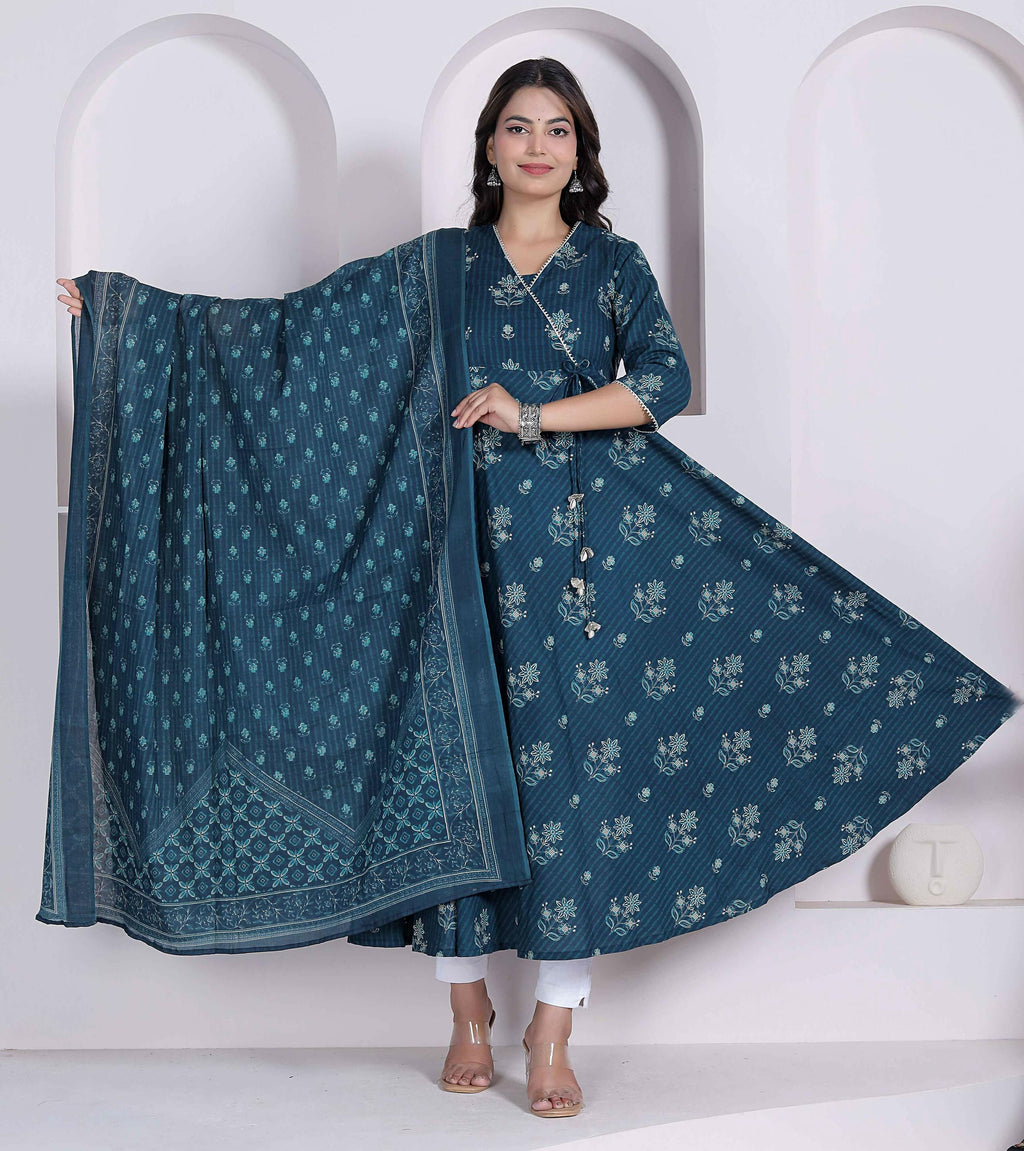 Miravan Womens Blue Floral Printed Angrakha Kurta With Dupatta | Grocsy