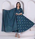 Miravan Womens Blue Floral Printed Angrakha Kurta With Dupatta | Grocsy
