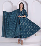 Miravan Womens Blue Floral Printed Angrakha Kurta With Dupatta | Grocsy