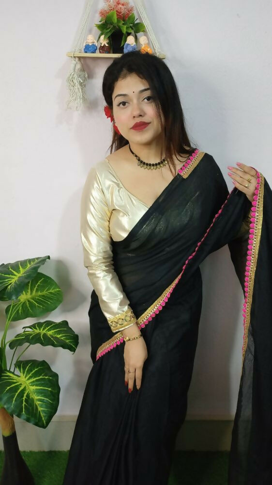 Exclusive Collection Beautiful Khadi Cotton Handloom Saree With Beautiful Zari Border - Black | Grocsy