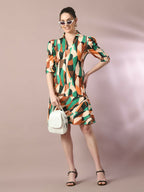 Myshka Women's Multi Printed Shirt Collar Fit and Flare Party Dress | Grocsy