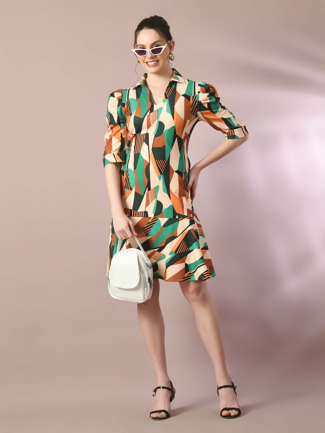 Myshka Women's Multi Printed Shirt Collar Fit and Flare Party Dress | Grocsy