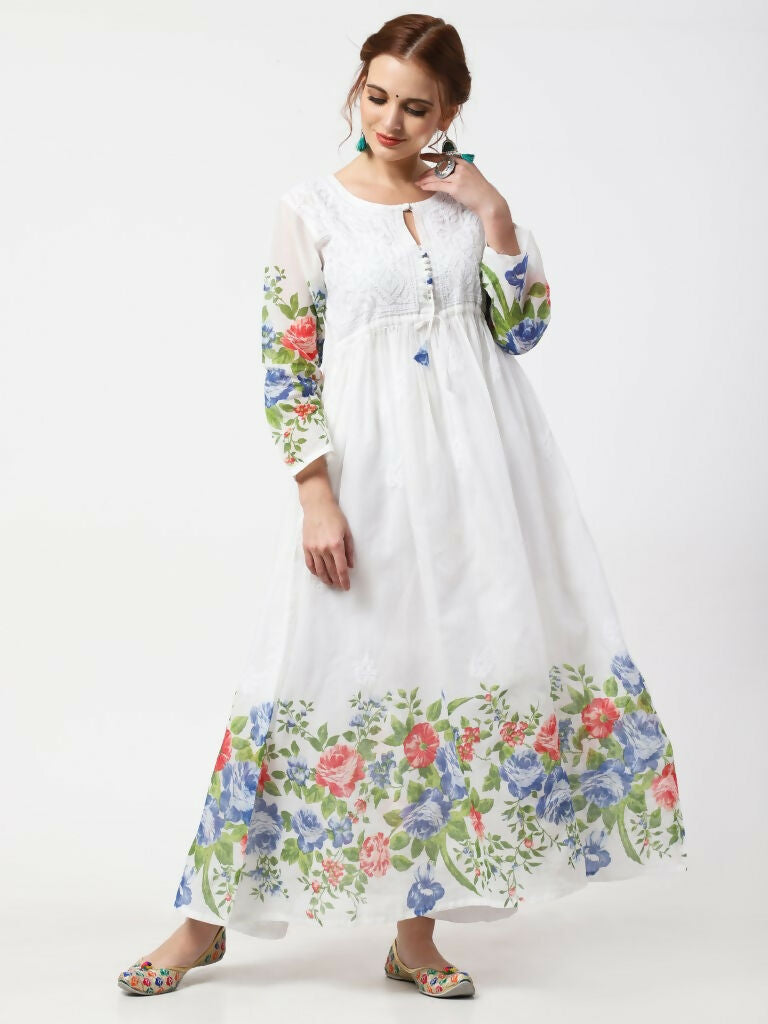 Cheera Women Stylish Hand Chikenkari And Digital Printe Cotton Organza Flared Anarkali Kurta - White | Grocsy