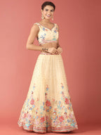 House of Panchhi Cream Net Multi colour Thread & Sequinse Work Lehenga & Blouse, Dupatta | Grocsy