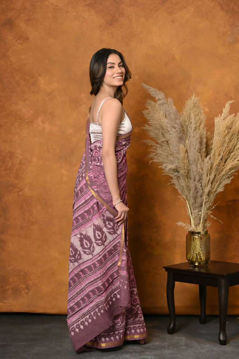 Very Much Indian Handblock Printed Cotton Saree With Natural Dyes - Pink | Grocsy