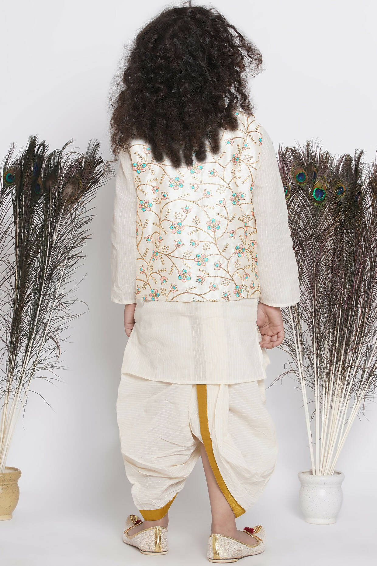 Little Bansi Banarsi Silk Pink Blue Floral Embroidery Jacket With Cotton Kantha kurta And Kantha Dhoti - Cream | Grocsy
