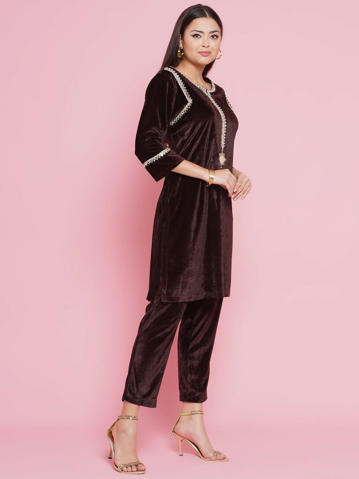 Joban Fashion Brown Mirrior Work Velvet Coord Set | Grocsy