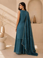 Teeya Creation Teal Blue Embroidered Georgette Straight Kurta With Palazzo And Dupatta Set | Grocsy