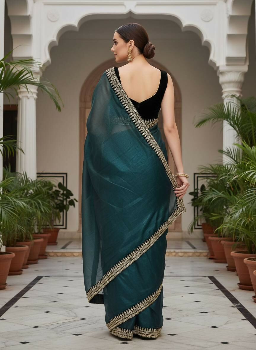 Joban Fashion Petrol Soft twill Net Party Wear Sarees | Grocsy