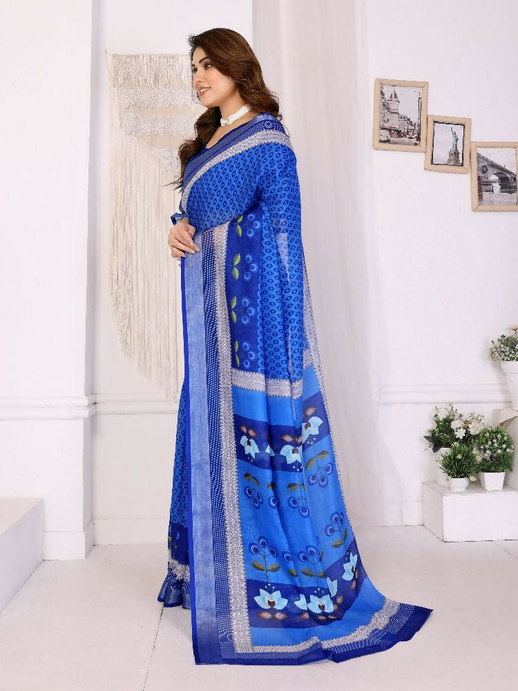 PR Fashion Blue Handloom Linen Cotton Zari Saree | Grocsy