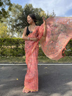 Vamsee Golden Patti Peach Organza Saree | Grocsy