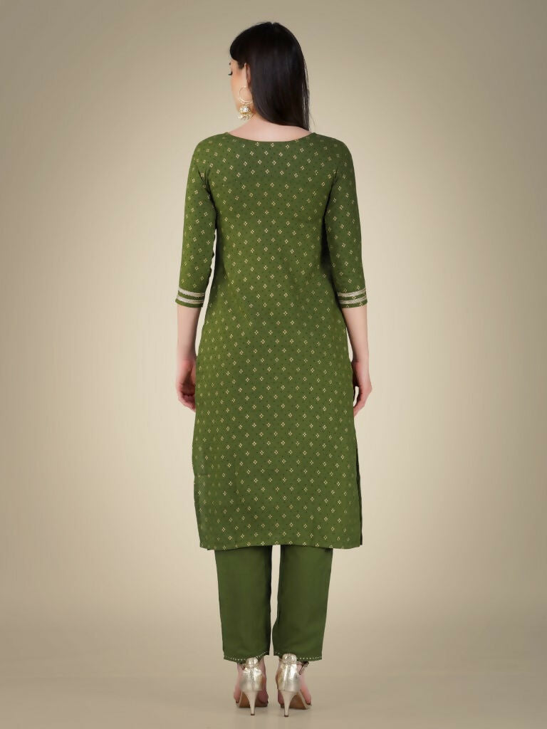 Jyoti Fashion Women's Mehendi Cotton Magic Slub Embroidery & Sequence work Kurta with Trouser & Dupatta | Grocsy