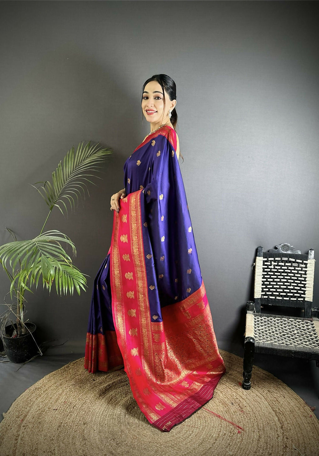 Joban Fashion Navy Blue Banarasi Soft Silk Woven Butti Saree | Grocsy