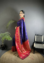 Joban Fashion Navy Blue Banarasi Soft Silk Woven Butti Saree | Grocsy