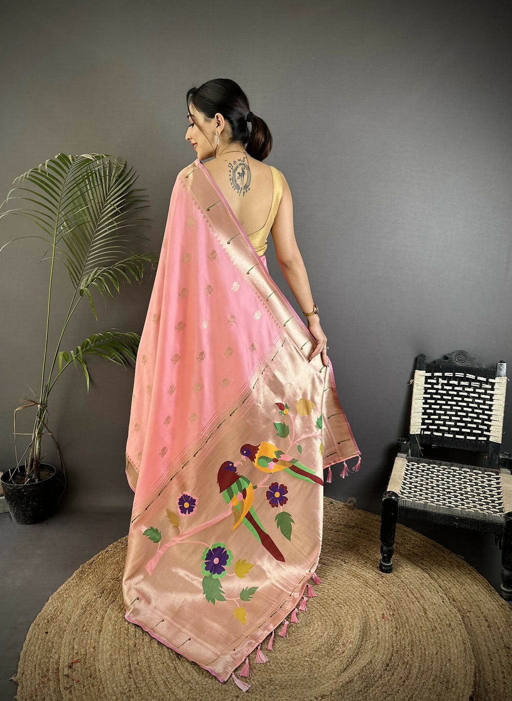 Joban Fashion Light Pink Peacock & Floral Motifs Soft Silk Kanchipuram Saree | Grocsy