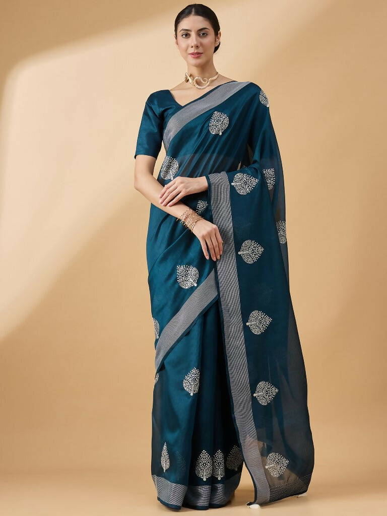 Teal Cotton Blend Thread Embroidered Saree with Unstitched Blouse - Satya | Grocsy