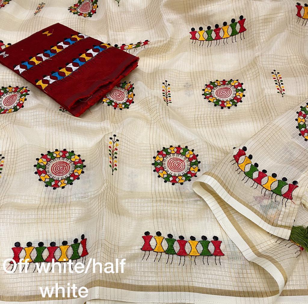 Cream Cotton Blend Warli Saree with Unstitched Blouse - A2M | Grocsy