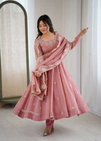 Teeya Creation Peach Color Crunchy Silk Embroidery Work Wedding Wear Gown | Grocsy