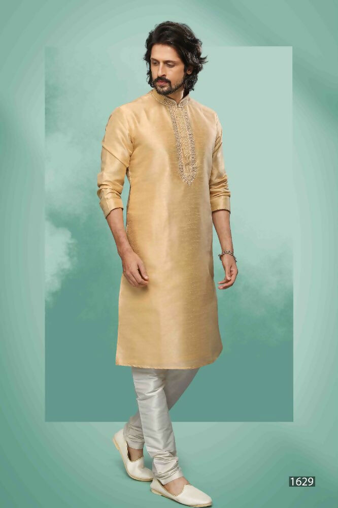 Raivat Ethnic Art Silk Mirror Embroidery Work Kurta Pajama In Beige Colour | Grocsy