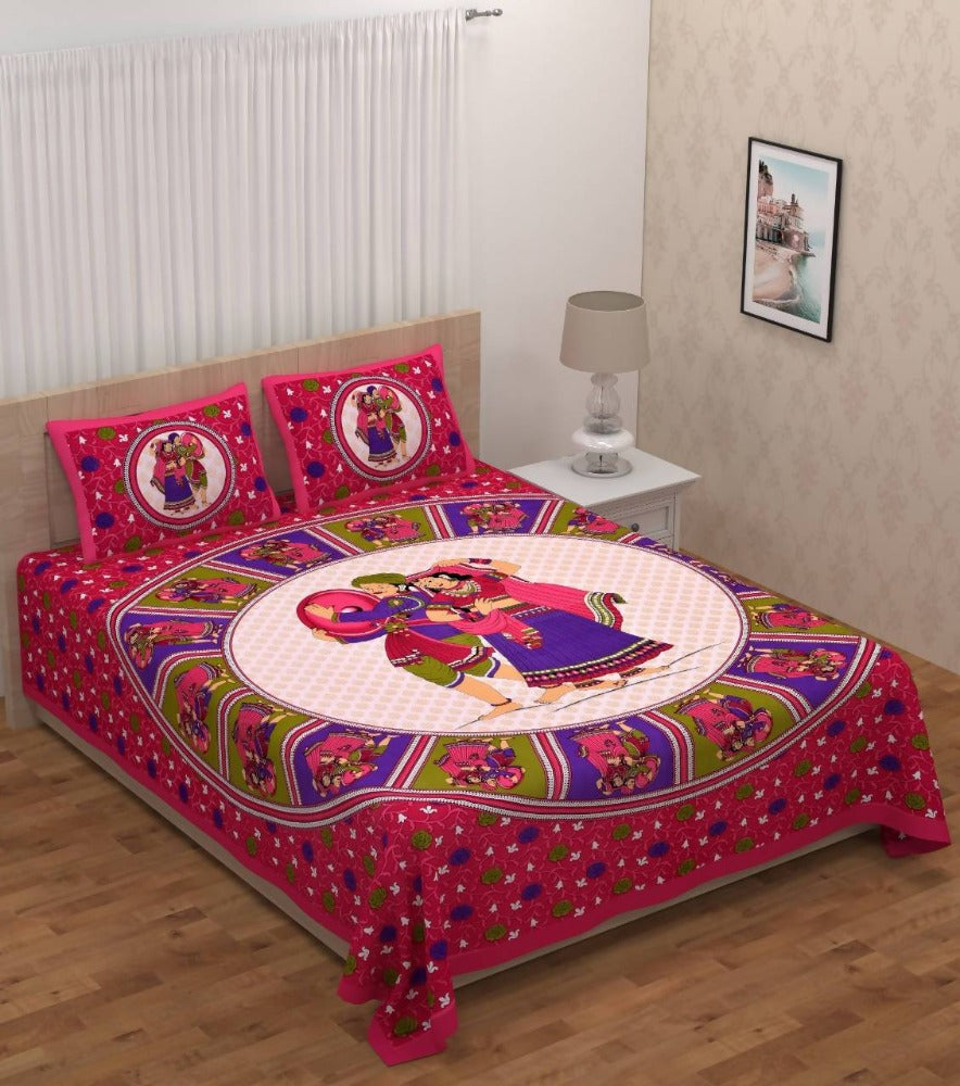 Vamika Printed Cotton Dafli Pink Bedsheet With Pillow Covers (PM Dafli Pink) | Grocsy