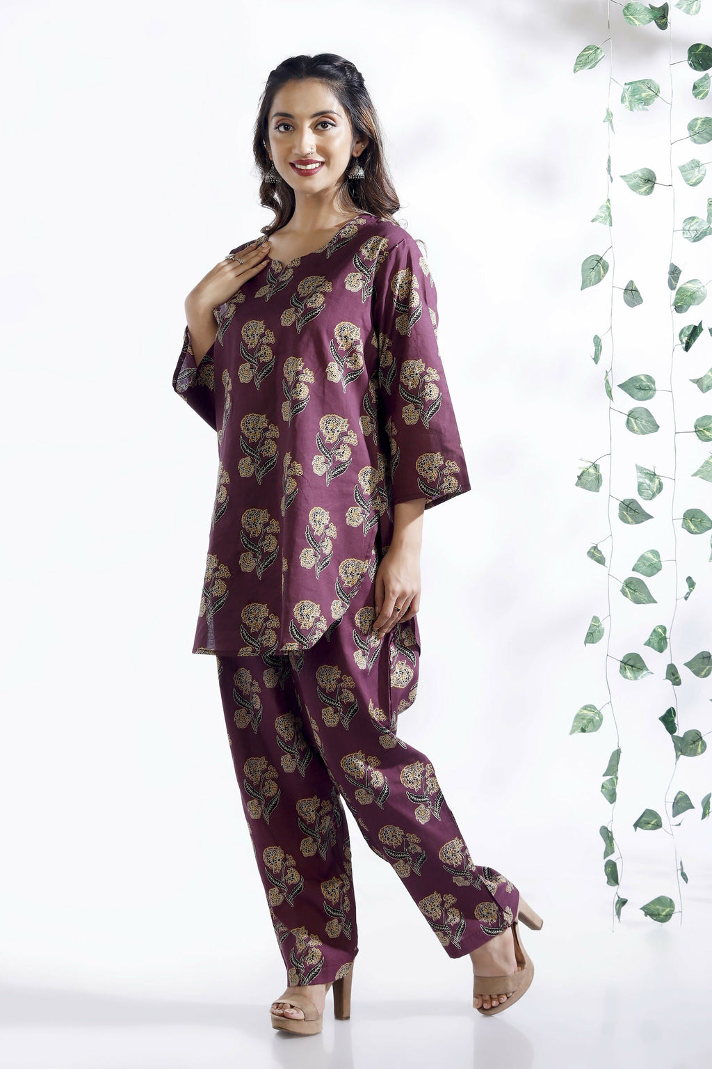 Breathables Wine Butta Cotton Co-Ord Set – Kurta With Straight Pants | Grocsy