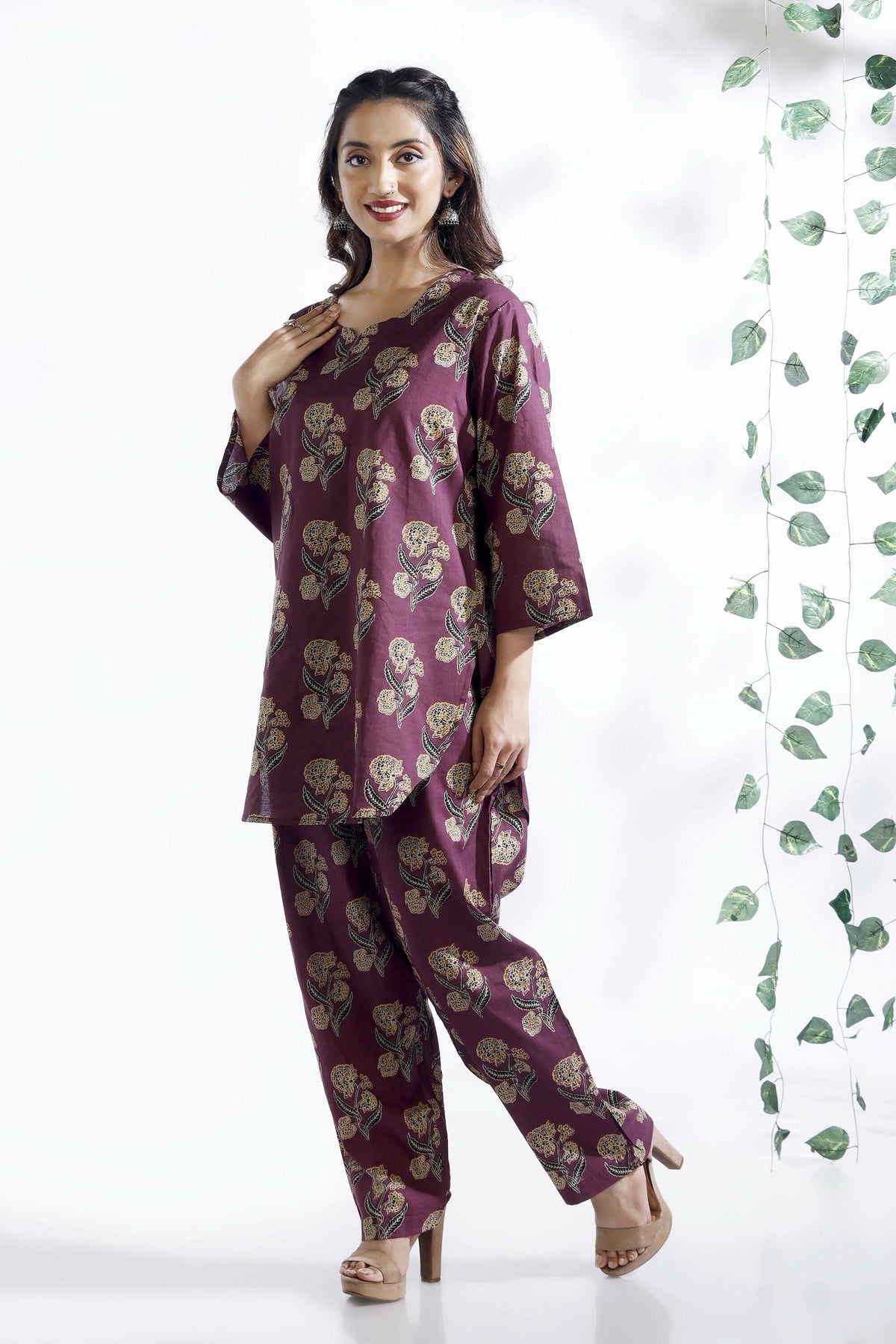 Breathables Wine Butta Cotton Co-Ord Set – Kurta With Straight Pants | Grocsy