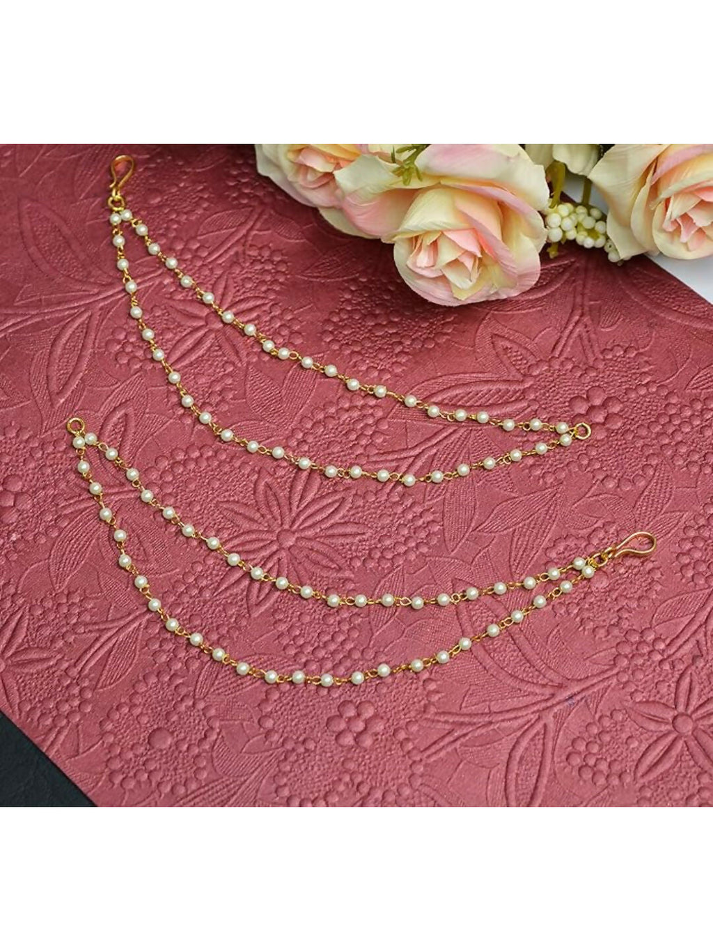 NVR Pearl Studded Classic Gold-Polished 2 Line Ear Chain Ear Cuff | Grocsy