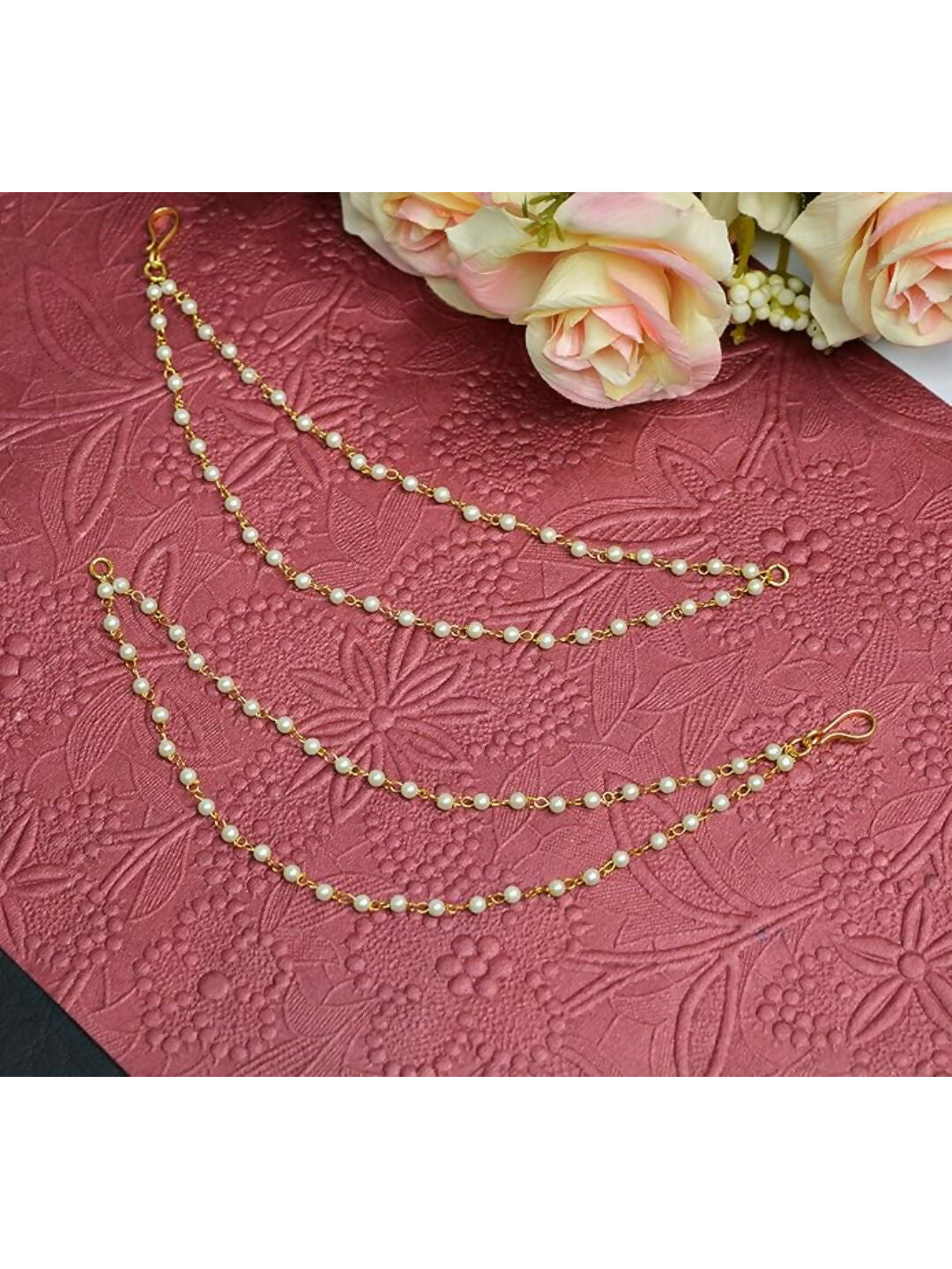NVR Pearl Studded Classic Gold-Polished 2 Line Ear Chain Ear Cuff | Grocsy