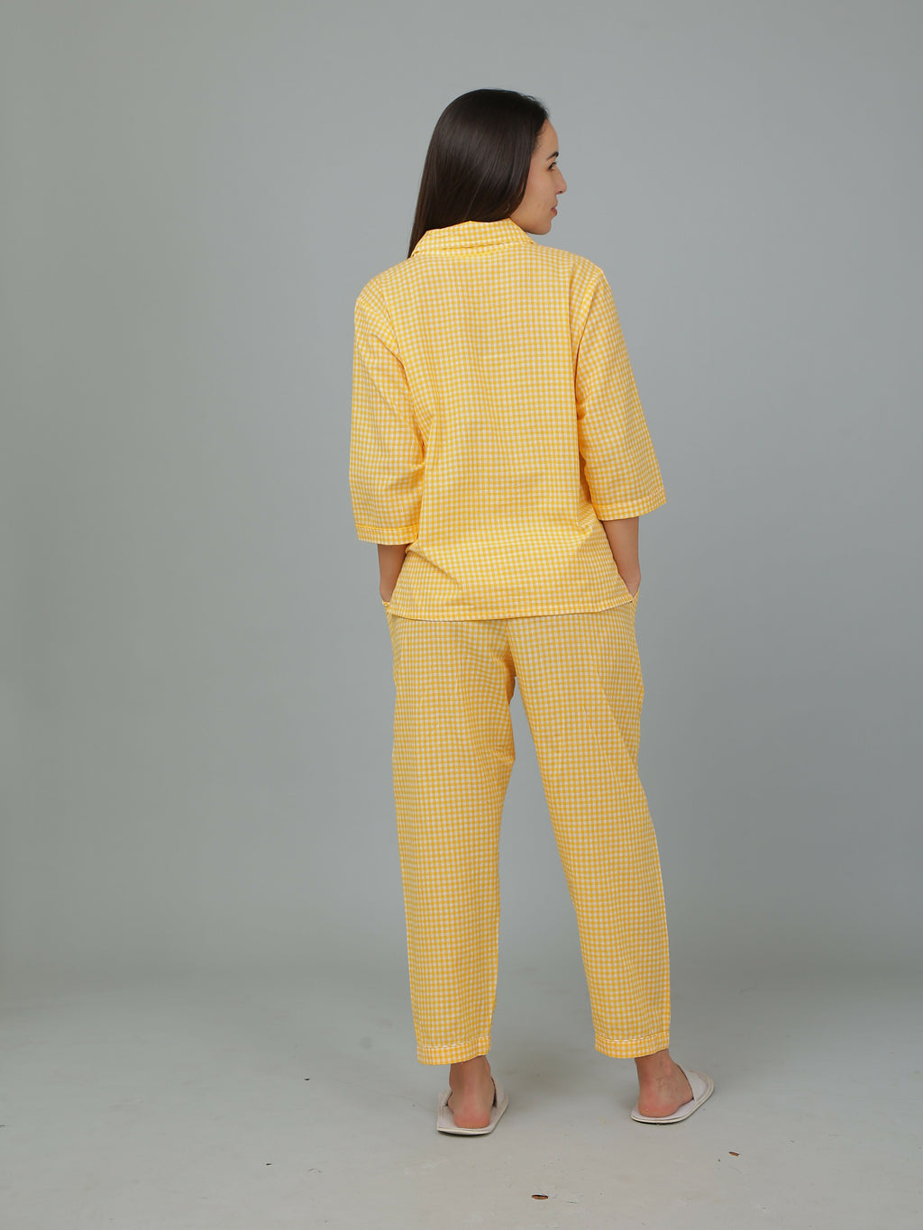 Breathables Women Cotton Checks Night Suit Shirt And Pants Co-Ord Set I Night Wear-Yellow | Grocsy