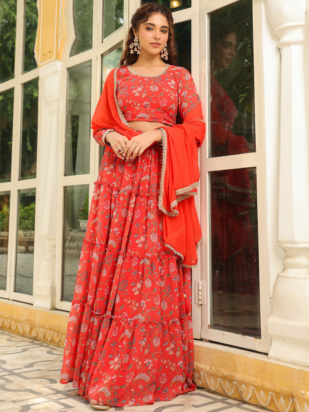 Janasya Red Georgette Floral Lehenga Choli Dupatta | Grocsy