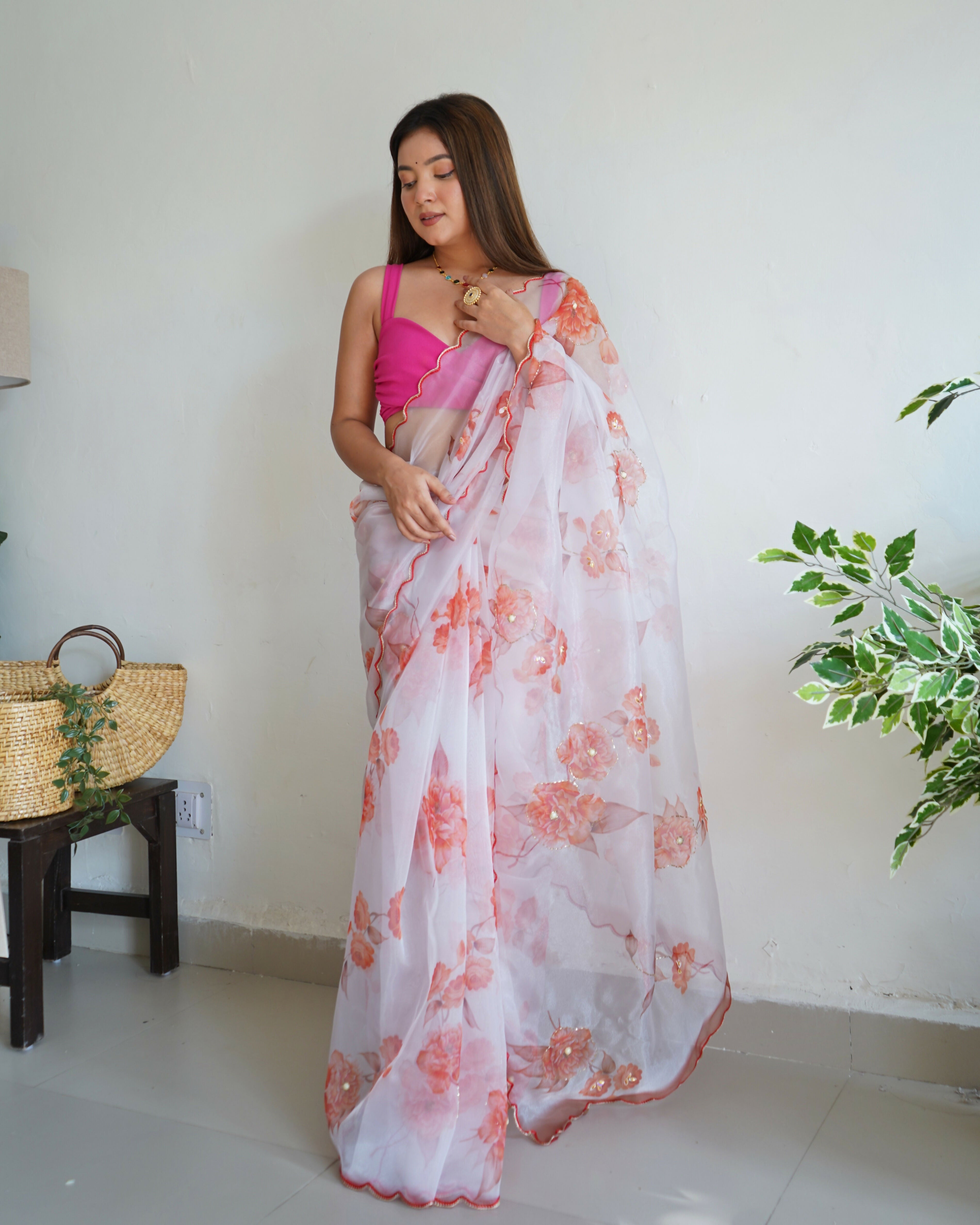 Vamsee Ramya White Organza Saree | Grocsy