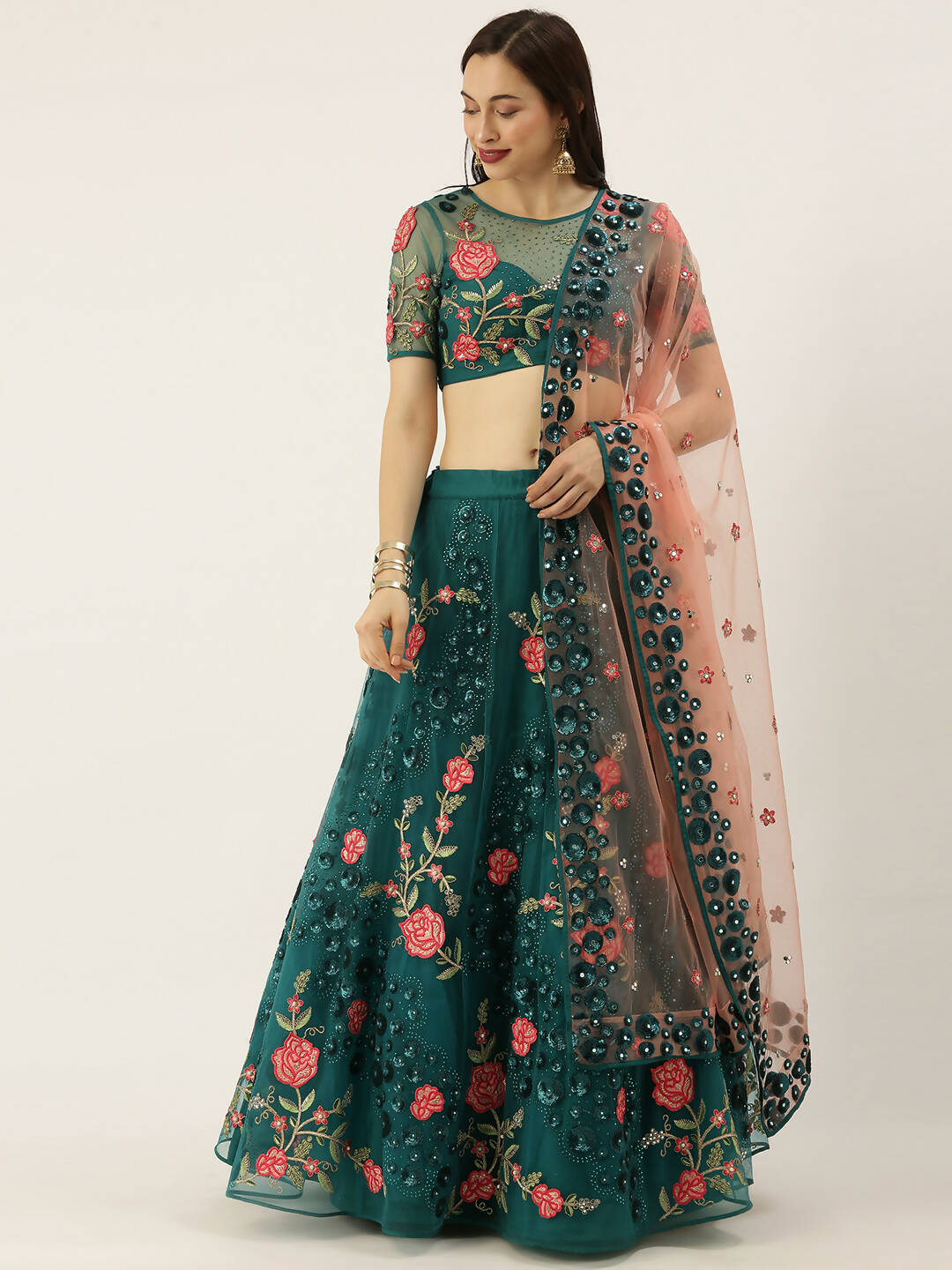 House of Panchhi Teal Net Semi stitched Coding, Sequins and Saroski Stone Work Lehenga Choli | Grocsy