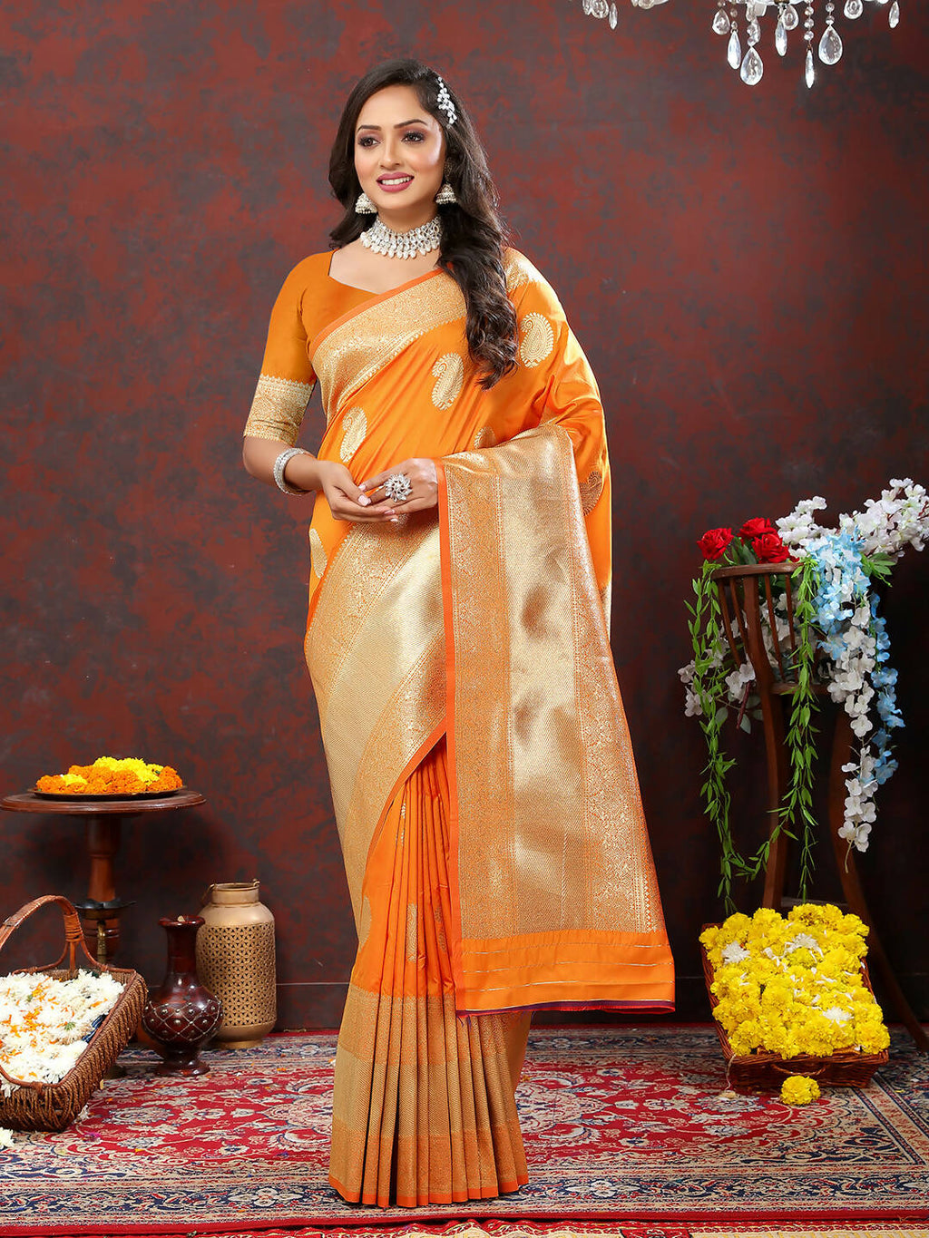 Lorenvalley Fashion Orange Soft Silk Woven Design Gold Zari Weaving Saree | Grocsy