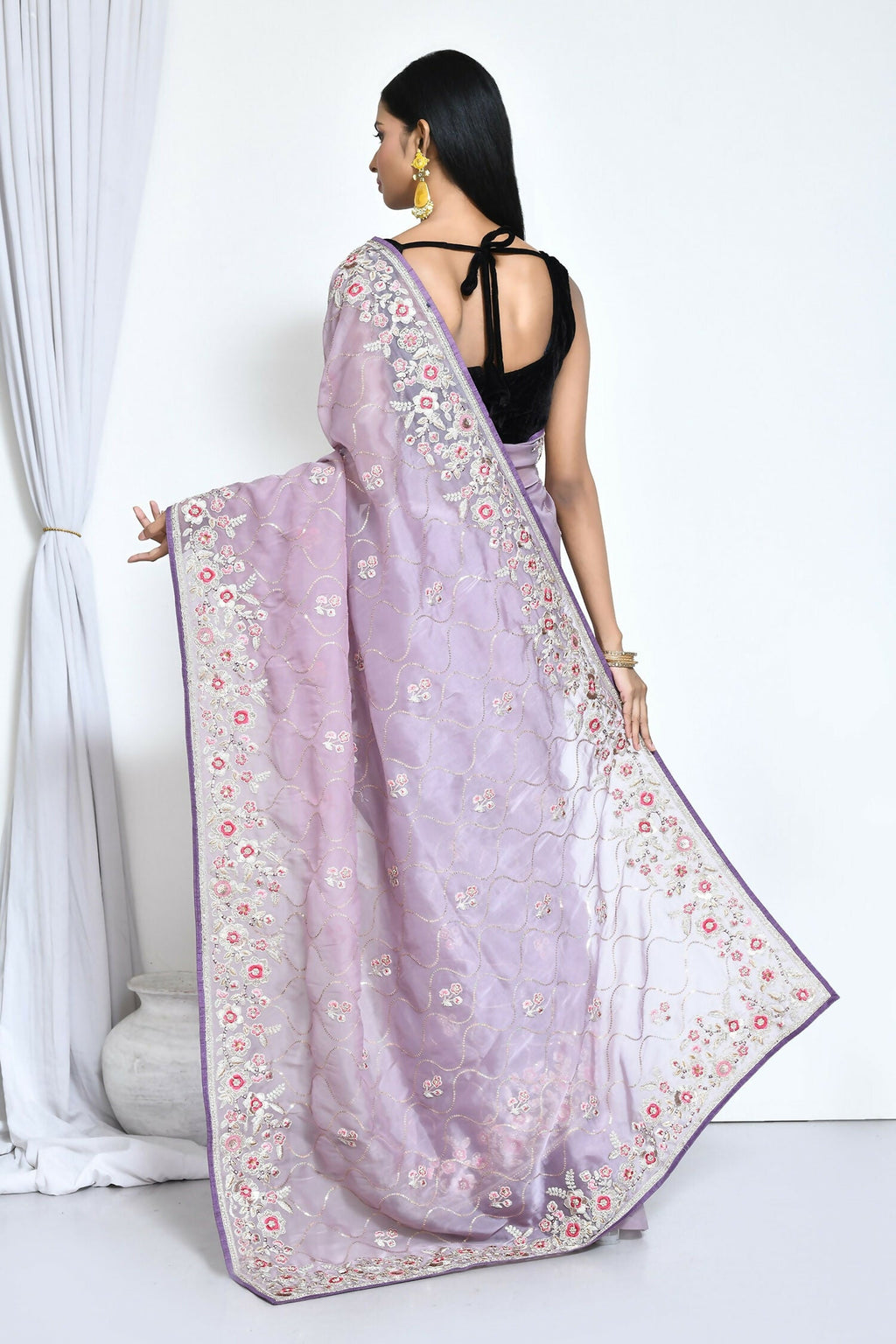 Purple Organza Satin Silk Sequence Embroidered with Stone work Saree - Nimaya Benzy | Grocsy