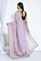 Purple Organza Satin Silk Sequence Embroidered with Stone work Saree - Nimaya Benzy | Grocsy