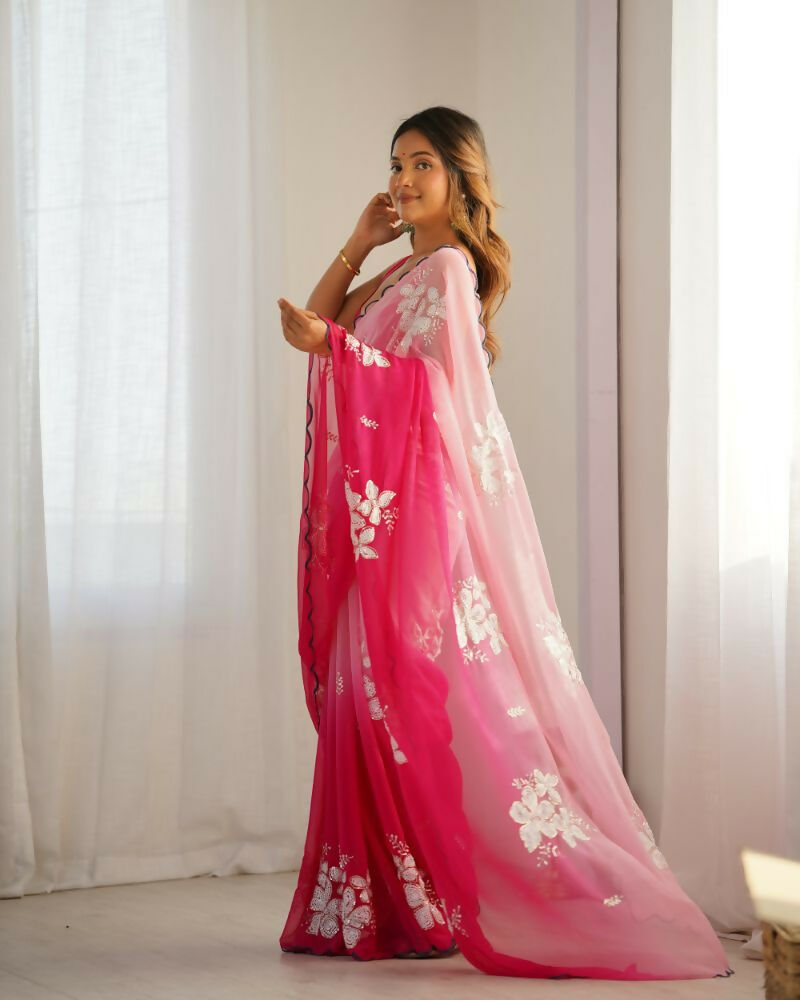 Pink Georgette Pedding Color, Embroidery Work Party Wear Saree - Erisha | Grocsy
