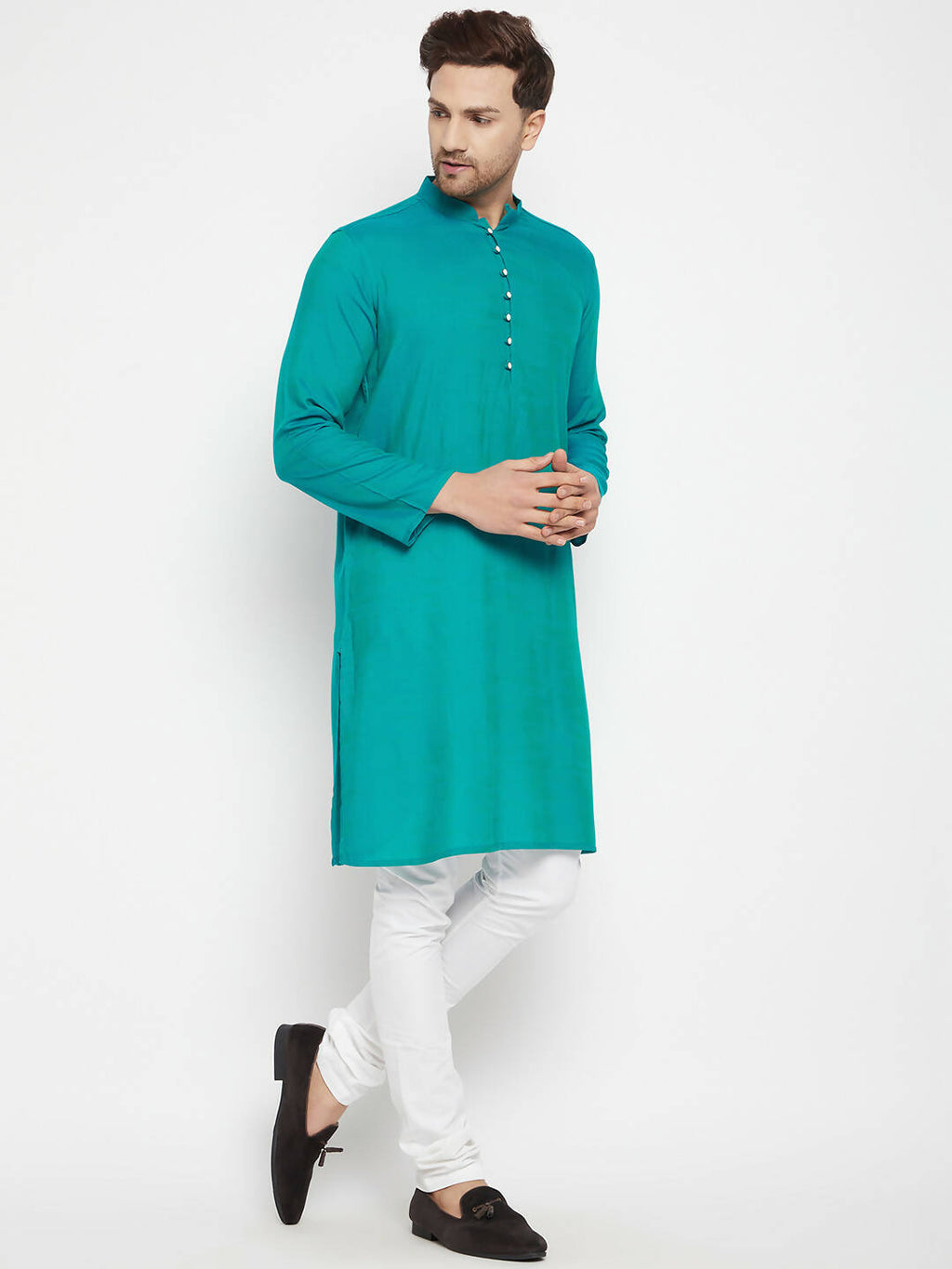 Even Apparels Green Viscose Long Men's Kurta With Band Collar | Grocsy
