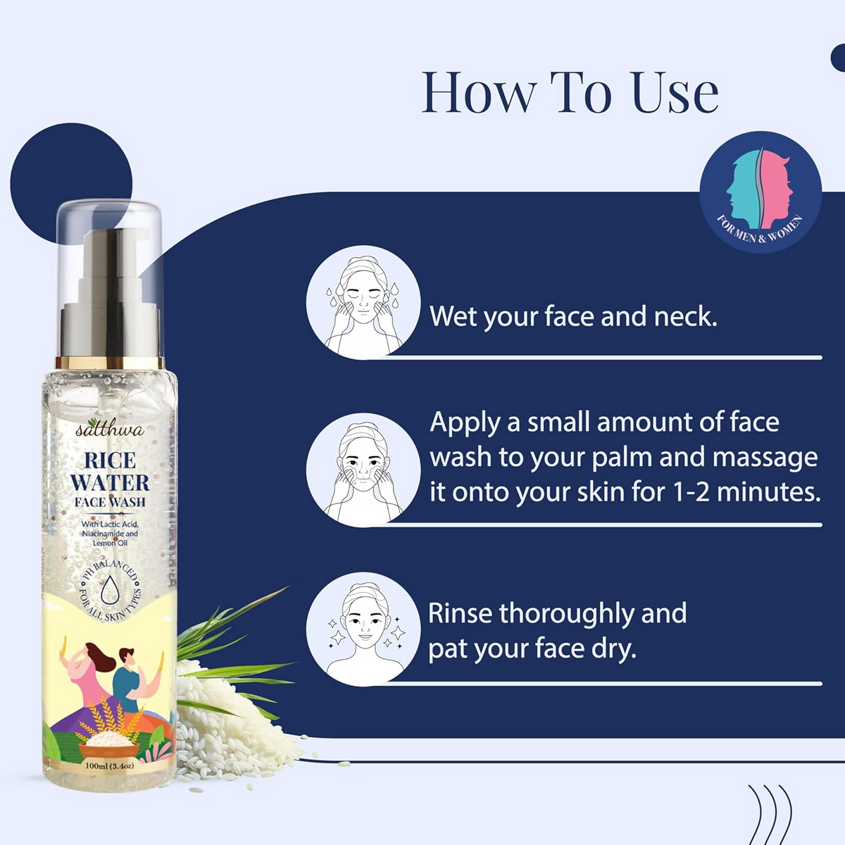 Satthwa Rice Water Face Wash With Niacinamide, Lactic Acid & 1% Salicylic Acid | Grocsy