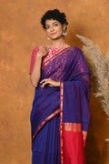 Very Much Indian Handloom Pure Cotton Silk Saree With Sleek Golden Border - Indigo Blue | Grocsy