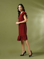 Myshka Women's Maroon Embroidered Cotton Round Neck A-Line Party Dress | Grocsy