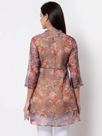 Myshka Women's Organza Printed Printed 3/4 Sleeve Round Neck Casual Multicolor Tunic | Grocsy