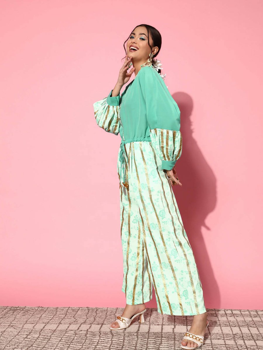 Ahalyaa Women Gorgeous Green Printed Once Upon a Sleeve Jumpsuit | Grocsy